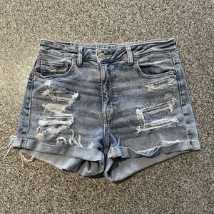American Eagle Mom Jean Shorts Women's 8 Stretch Light‎ Wash High Rise Distress